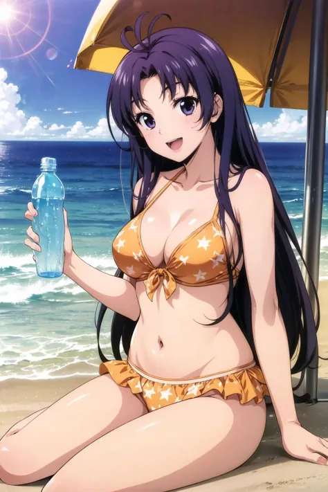 <lora:memev1:0.7> cowlick, mature female, milf, mother, purple hair, bikini, swimsuit, long hair, breasts, breasts, smile, antenna hair, cleavage, navel, open mouth, blush, ahoge, very long hair, plain orange bikini, frilly bikini, solo, cloudy sky, ocean, sitting, beach umbrella, holding water bottle