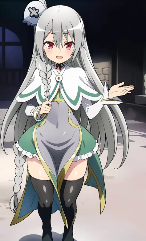 (open mouth,happy smile:1.2),long hair, black thighhighs,half eyes,single braid, crown, dress,grey hair, capelet, long sleeves, hat,<lora:MaidenaAnge:0.75>,