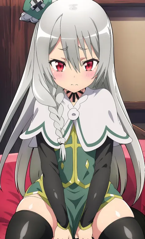 (spread legs,nsfw,Turn your face this way,pussy,Look away shyly:1.2),long hair, black thighhighs, red eyes, ,braid, crown, dress, grey hair, capelet, long sleeves, hat, blush, glistening skin,in haert,sweat, <lora:MaidenaAnge:0.7>,