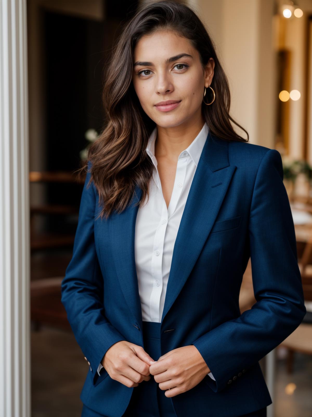 A woman in a blue suit standing in front of a window - SeaArt AI
