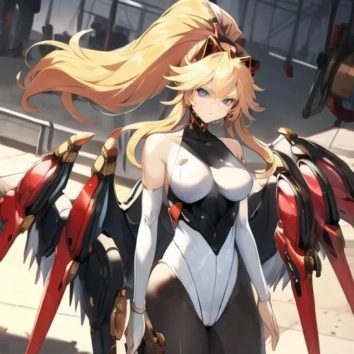 , masterpiece, Highest Quality, Highest Resolution, perfect background, perfect perspective, sharp image, perfect details, perfect lighting, perfect shadows, Perfect lighting, Best background, 1girl, Ag Milvus, blond hair, blue eyes, large breasts, very long hair, high ponytail, pantyhose, stcokings, side locks, bare shoulders, wings, head gear, leotard, mechanical wings, mechanical ears, bodysuit,