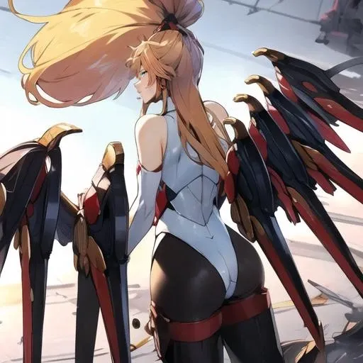 , masterpiece, Highest Quality, Highest Resolution, perfect background, perfect perspective, sharp image, perfect details, perfect lighting, perfect shadows, Perfect lighting, Best background, 1girl, AG Milvus, blond hair, blue eyes, large breasts, very long hair, high ponytail, pantyhose, stcokings, side locks, bare shoulders, wings, head gear, leotard, mechanical wings, mechanical ears, bodysuit, deep skin, behind view, ass, from behind, bent over, in libarary.
