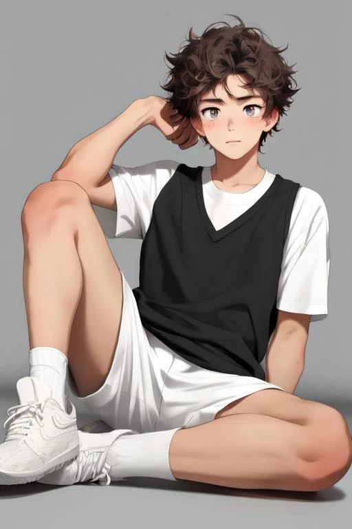 <lora:beimian2:0.5> 1boy,best quality,messy hair,yoai,beautiful detailed eyes,detailed face,detailed skin,simple background,cinematic highlight,white socks,posing
