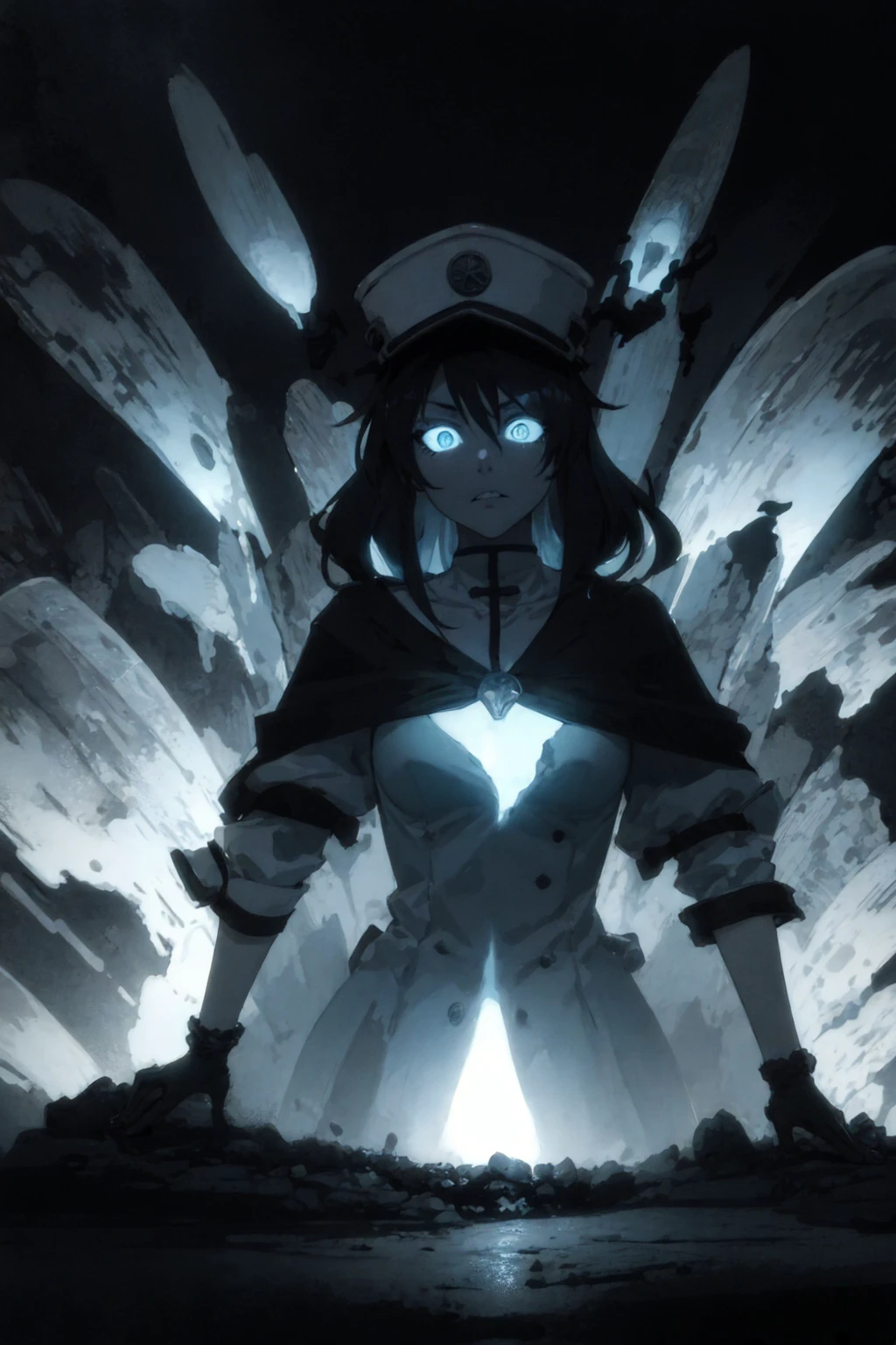 (masterpiece, best quality:1.3), <lora:bambietta-05:0.9> ,1girl, black hair, blue eyes, large breast, white military uniform, white uniform, hat, gloves, <lora:Gloomifier_V2_TheGlow:2> , glowing, cold lighting, blue bioluminescence,