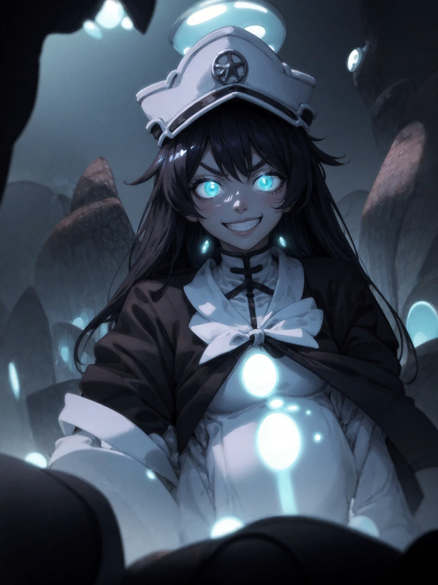 (masterpiece, best quality:1.3), <lora:bambietta-05:1.0> ,1girl, black hair, blue eyes, white military uniform, white uniform, hat, gloves, <lora:Gloomifier_V2_TheGlow:2> , glowing, (light pink bioluminescence:1.1), (deep crimson particles:1.1), menacing, evil grin, parted lips, detailed face, detailed hair, detailed clothes,