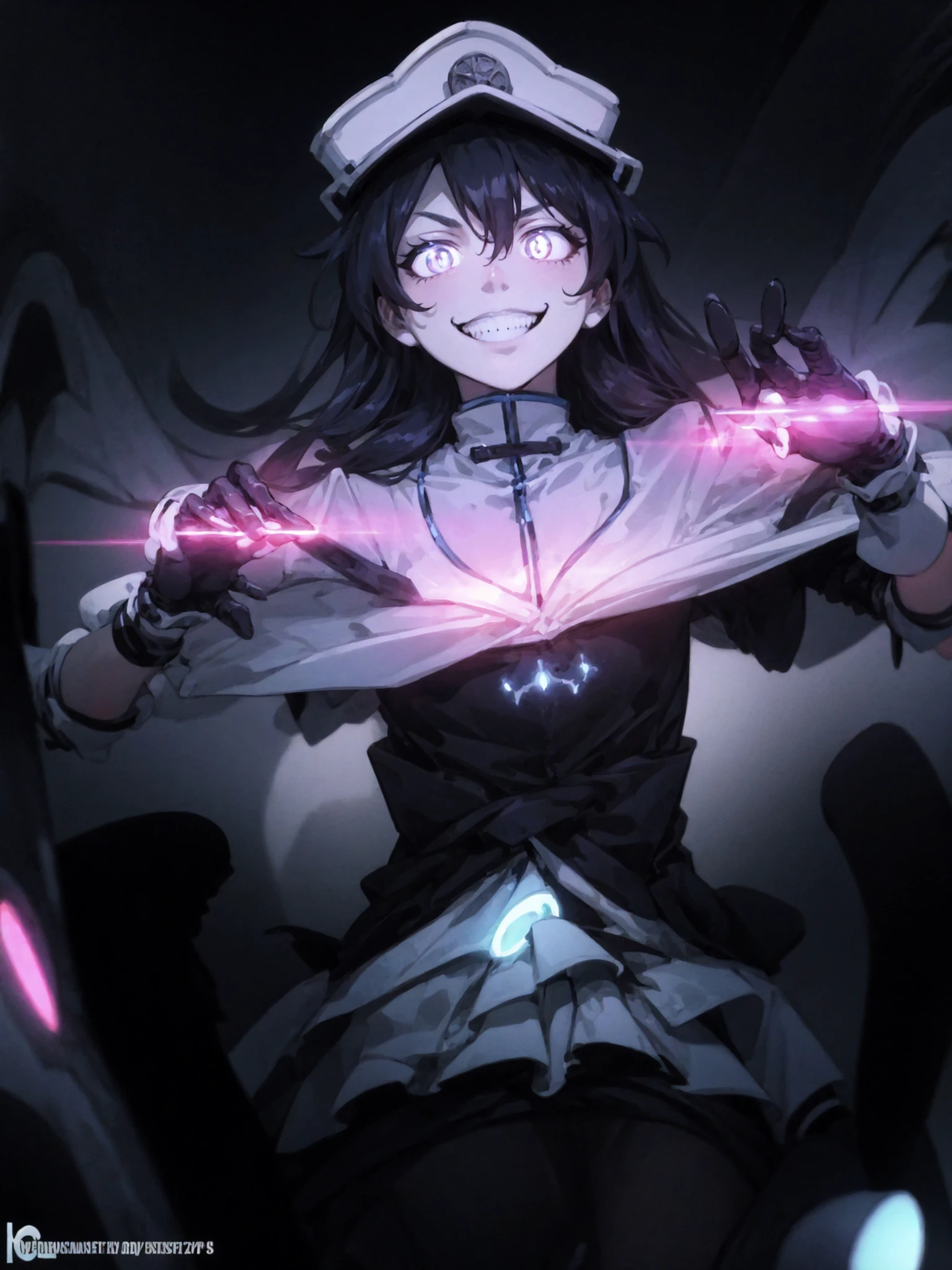 (masterpiece, best quality:1.3), <lora:bambietta-05:1.0> ,1girl, black hair, blue eyes, white military uniform, white uniform, hat, gloves, <lora:Gloomifier_V2_TheGlow:2> , glowing, (light pink bioluminescence:1.2), (deep crimson particles:1.2), menacing, evil grin, parted lips, detailed face, detailed hair, detailed clothes,