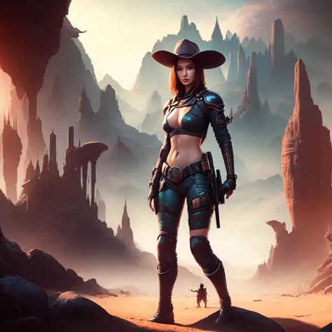 an attractive female bounty hunter standing in a fantasy wilderness (alientemple:1) <lora:djzAlienTemple_LB2:0.8>
