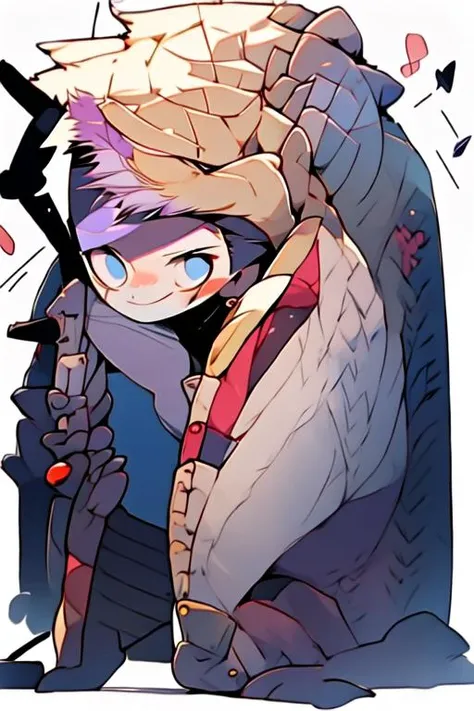 (masterpiece, best quality:1.2), illustration, absurdres, highres, extremely detailed, perfect face, 1boy, male focus, (adult male:1.2), sitting on bed, purple hair, short hair, messy hair, purple eyes, blue off the shoulder sweater, black sport shorts, bulge, black thigh highs, dog collar, flat chest, thick thighs, tall, smiling, looking at viewer, dog ears, dog tail, femboy, otoko no ko,