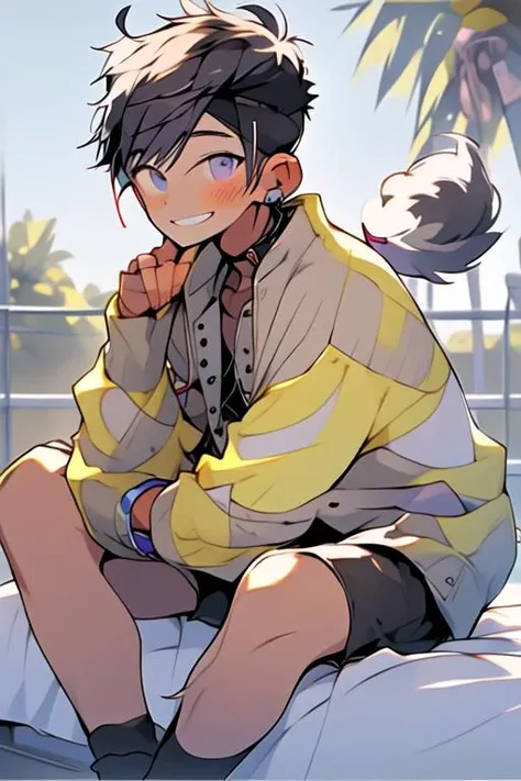 (masterpiece, best quality:1.2), illustration, absurdres, highres, extremely detailed, perfect face, 1boy, male focus, (adult male:1.2), sitting on bed, purple hair, short hair, messy hair, purple eyes, blue off the shoulder sweater, black sport shorts, bulge, black thigh highs, dog collar, flat chest, thick thighs, tall, smiling, looking at viewer, dog ears, dog tail, femboy, otoko no ko,