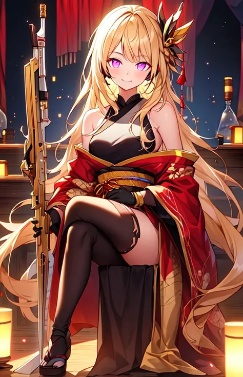 1 girl, solo, 20 years old, tall, full body, crossed legs, closed mouth, smile, best quality, bleached blonde hair, Long hair, hair with bangs, bright glowing eyes, dual tone eyes, top half pink eyes, bottom half purple eyes, black long japanese dress, silk dress, holding weapon, golden revolver, golden gun, holding gun, black headset, black gloves, indoors, laboratory setting, laboratory scenery