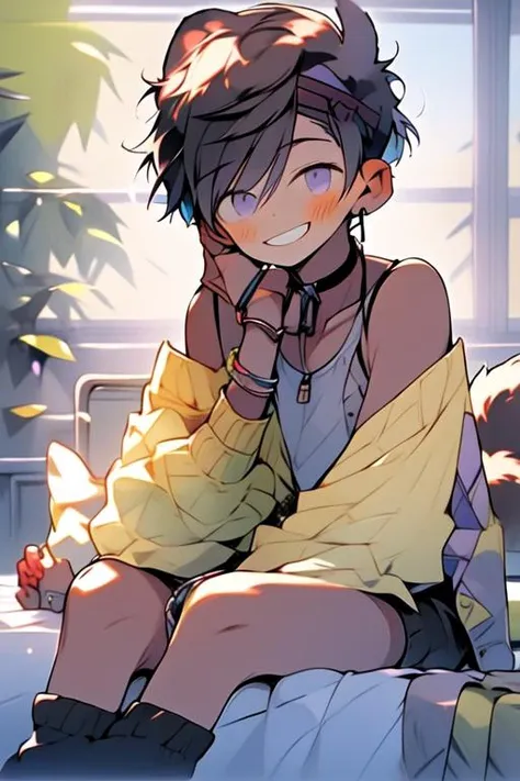 (masterpiece, best quality:1.2), illustration, absurdres, highres, extremely detailed, perfect face, 1boy, male focus, (adult male:1.2), sitting on bed, purple hair, short hair, messy hair, purple eyes, blue off the shoulder sweater, black sport shorts, bulge, black thigh highs, dog collar, flat chest, thick thighs, tall, smiling, looking at viewer, dog ears, dog tail, femboy, otoko no ko,