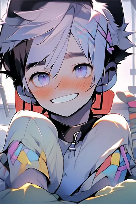 (masterpiece, best quality:1.2), illustration, absurdres, highres, extremely detailed, perfect face, 1boy, male focus, (adult male:1.2), sitting on bed, purple hair, short hair, messy hair, purple eyes, blue off the shoulder sweater, black sport shorts, bulge, black thigh highs, dog collar, flat chest, thick thighs, tall, smiling, looking at viewer, dog ears, dog tail, femboy, otoko no ko,