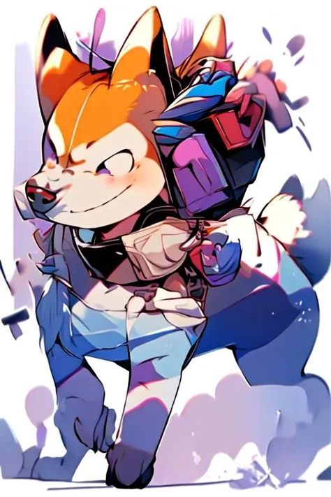 (masterpiece, best quality:1.2), illustration, absurdres, highres, extremely detailed, perfect face, 1boy, male focus, (adult male:1.2), sitting on bed, purple hair, short hair, messy hair, purple eyes, blue off the shoulder sweater, black sport shorts, bulge, black thigh highs, dog collar, flat chest, thick thighs, tall, smiling, looking at viewer, dog ears, dog tail, femboy, otoko no ko,