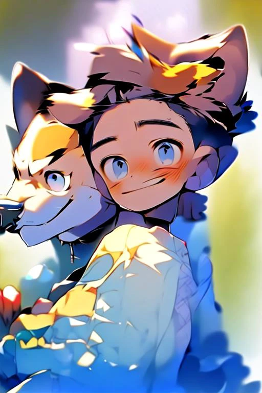 (masterpiece, best quality:1.2), illustration, absurdres, highres, extremely detailed, perfect face, 1boy, male focus, (adult male:1.2), sitting on bed, purple hair, short hair, messy hair, purple eyes, blue off the shoulder sweater, black sport shorts, bulge, black thigh highs, dog collar, flat chest, thick thighs, tall, smiling, looking at viewer, dog ears, dog tail, femboy, otoko no ko,