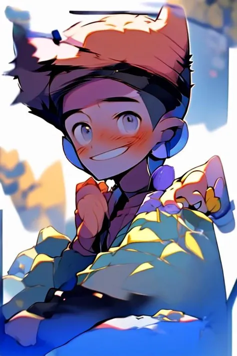 (masterpiece, best quality:1.2), illustration, absurdres, highres, extremely detailed, perfect face, 1boy, male focus, (adult male:1.2), sitting on bed, purple hair, short hair, messy hair, purple eyes, blue off the shoulder sweater, black sport shorts, bulge, black thigh highs, dog collar, flat chest, thick thighs, tall, smiling, looking at viewer, dog ears, dog tail, femboy, otoko no ko,