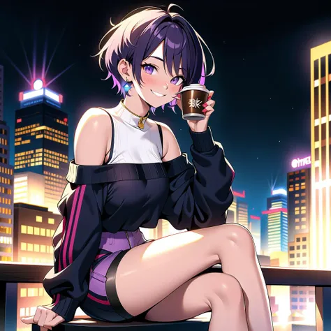 8k, full body, (masterpiece, best quality:1.2), illustration, absurdres, highres, extremely detailed, perfect face, 1gril, female focus, (female:1.2), Drink coffee, city background, night, purple hair, short hair, messy hair, purple eyes, blue off the shoulder sweater, black sport shorts, bulge, tall, smiling, looking at viewer,