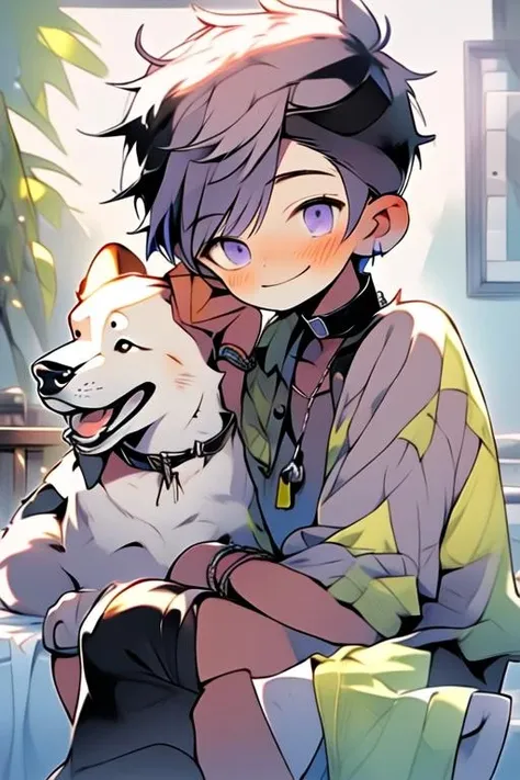 (masterpiece, best quality:1.2), illustration, absurdres, highres, extremely detailed, perfect face, 1boy, male focus, (adult male:1.2), sitting on bed, purple hair, short hair, messy hair, purple eyes, blue off the shoulder sweater, black sport shorts, bulge, black thigh highs, dog collar, flat chest, thick thighs, tall, smiling, looking at viewer, dog ears, dog tail, femboy, otoko no ko,