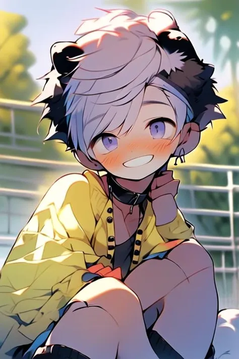 (masterpiece, best quality:1.2), illustration, absurdres, highres, extremely detailed, perfect face, 1boy, male focus, (adult male:1.2), sitting on bed, purple hair, short hair, messy hair, purple eyes, blue off the shoulder sweater, black sport shorts, bulge, black thigh highs, dog collar, flat chest, thick thighs, tall, smiling, looking at viewer, dog ears, dog tail, femboy, otoko no ko,