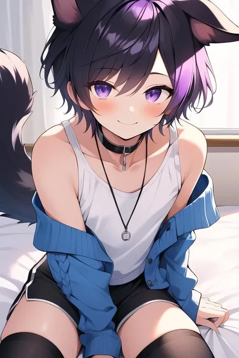 (masterpiece, best quality:1.2), illustration, absurdres, highres, extremely detailed, perfect face, 1boy, male focus, (adult male:1.2), sitting on bed, purple hair, short hair, messy hair, purple eyes, blue off the shoulder sweater, black sport shorts, bulge, black thigh highs, dog collar, flat chest, thick thighs, tall, smiling, looking at viewer, dog ears, dog tail, femboy, otoko no ko,