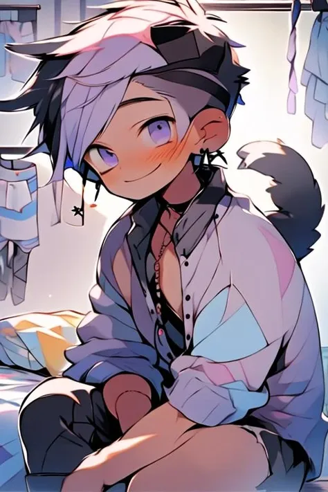 (masterpiece, best quality:1.2), illustration, absurdres, highres, extremely detailed, perfect face, 1boy, male focus, (adult male:1.2), sitting on bed, purple hair, short hair, messy hair, purple eyes, blue off the shoulder sweater, black sport shorts, bulge, black thigh highs, dog collar, flat chest, thick thighs, tall, smiling, looking at viewer, dog ears, dog tail, femboy, otoko no ko,