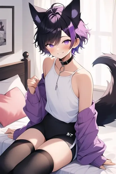 (masterpiece, best quality:1.2), illustration, absurdres, highres, extremely detailed, perfect face, 1boy, male focus, (adult male:1.2), sitting on bed, purple hair, short hair, messy hair, purple eyes, blue off the shoulder sweater, black sport shorts, bulge, black thigh highs, dog collar, flat chest, thick thighs, tall, smiling, looking at viewer, dog ears, dog tail, femboy, otoko no ko,