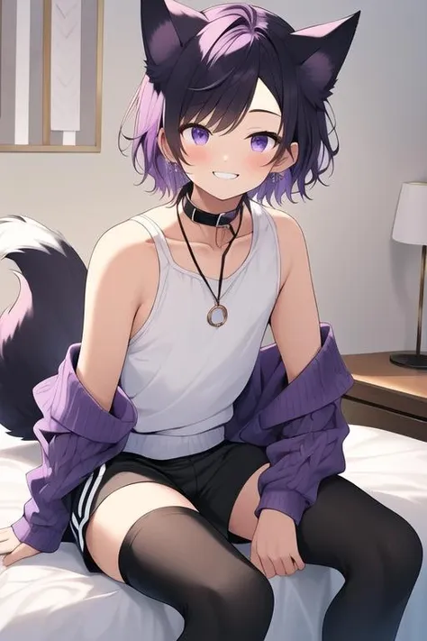 (masterpiece, best quality:1.2), illustration, absurdres, highres, extremely detailed, perfect face, 1boy, male focus, (adult male:1.2), sitting on bed, purple hair, short hair, messy hair, purple eyes, blue off the shoulder sweater, black sport shorts, bulge, black thigh highs, dog collar, flat chest, thick thighs, tall, smiling, looking at viewer, dog ears, dog tail, femboy, otoko no ko,