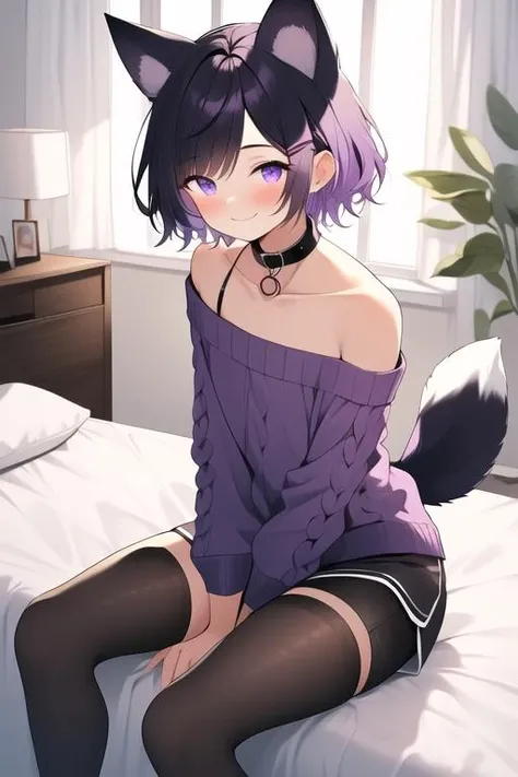 (masterpiece, best quality:1.2), illustration, absurdres, highres, extremely detailed, perfect face, 1boy, male focus, (adult male:1.2), sitting on bed, purple hair, short hair, messy hair, purple eyes, blue off the shoulder sweater, black sport shorts, bulge, black thigh highs, dog collar, flat chest, thick thighs, tall, smiling, looking at viewer, dog ears, dog tail, femboy, otoko no ko,