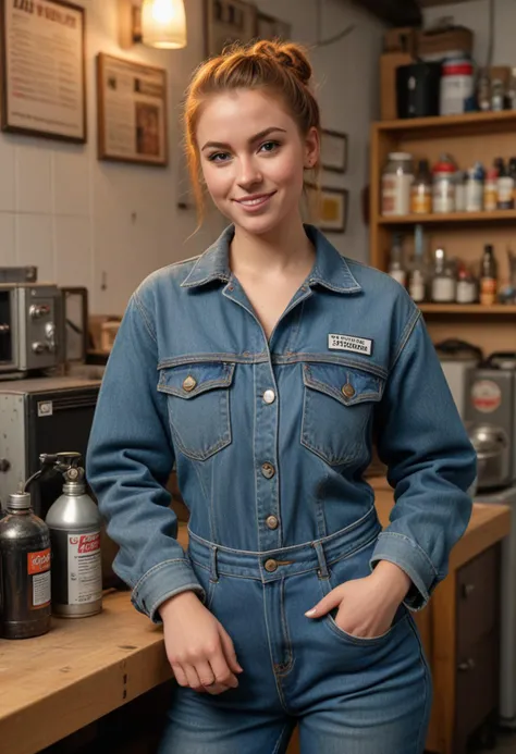 (medium full shot) of (gritty mechanic) young woman, canadian, tan skin, hazel eyes, voluptuous build, short ginger french braid hair, wearing a denim jacket,overalls,black work shoes, holding an oil can, dirty with oil and grease, set in Workshop Break Room, comfortable area with a couch, a table with chairs, a microwave, a refrigerator stocked with drinks, a bulletin board with job schedules, a window overlooking the workshop, at sunset, woman smiling at the viewer, Masterpiece,best quality, photorealistic, amazing quality, very aesthetic, extremely detailed face,
