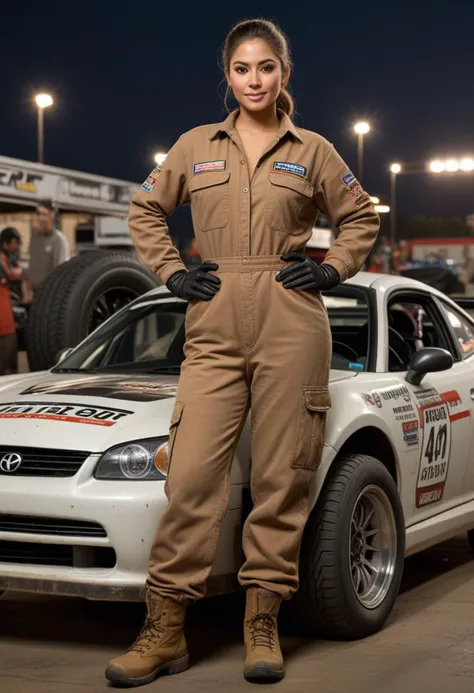 (medium full shot) of (burly mechanic) young woman, mexican, brown eyes, medium skin tone, ebony skin, brown eyes, full-figured build, extra long hazel bun hair, wearing a brown coverall,cargo pants,heavy-duty sneakers, gloves, dirty with oil and grease, set in Pit Stop, open area with a race car on a lift, tool chests on wheels, spare tires stacked nearby, fuel cans lined up, a computer for tracking lap times, a board with the race schedule, at night, woman smiling at the viewer, Masterpiece,best quality, photorealistic, amazing quality, very aesthetic, extremely detailed face,