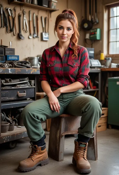 (medium full shot) of (charismatic mechanic) young woman, arabian, green eyes, tan skin, curvy, mahogany skin, dark green eyes, slender build, short red ponytail hair, wearing a brown flannel shirt,mechanic trousers,steel-toe boots, work cap, dirty with oil and grease, set in Garage Waiting Room, cozy space with cushioned chairs, a coffee table with car magazines, a TV mounted on the wall, a counter with a register, a window looking into the workshop, at sunset, woman surprised, open mouth, pointing her finger at the viewer, Masterpiece,best quality, photorealistic, amazing quality, very aesthetic, extremely detailed face,