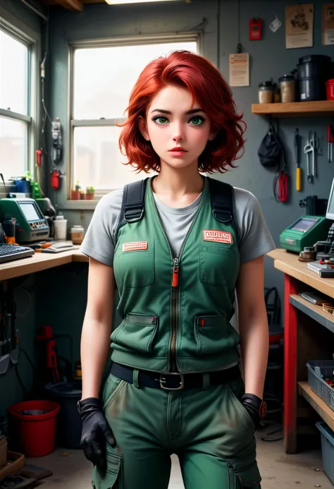 (medium full shot) of (tough mechanic) young woman, persian, ebony skin, dark green eyes, tiny build, medium red retro hair, dirty with oil and grease, wearing a work vest,utility pants,safety shoes, holding an screwdriver, set in  Garage Waiting Room, cozy space with cushioned chairs, a coffee table with car magazines, a TV mounted on the wall, a counter with a register, a window looking into the workshop, woman surprised, open mouth, running toward the viewer, ,Masterpiece,best quality, photorealistic, amazing quality, very aesthetic, extremely detailed face,