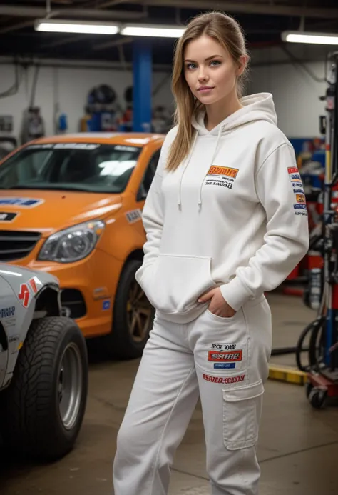 (medium full shot) of (brawny mechanic) young woman, swedish, blue eyes, fair skin, fair skin, light brown eyes, Average build, medium dark shag cut hair, wearing a white hoodie,rugged pants,heavy-duty sneakers, holding a rag, dirty with oil and grease, set in Pit Stop Garage, large area with race cars, tool benches, tire racks, a fueling station, mechanics in team uniforms working on cars, a whiteboard with race strategy, at night, woman surprised, open mouth, pointing her finger at the viewer, Masterpiece,best quality, photorealistic, amazing quality, very aesthetic, extremely detailed face,