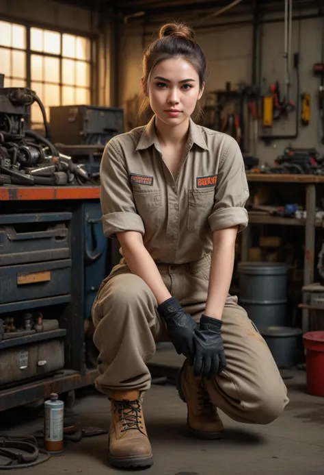 (medium full shot) of (brawny mechanic) young woman, chinese, dark eyes, fair skin, pale skin, hazel eyes, slim build, long hazel messy bun hair, wearing a mechanic shirt,rugged pants,steel-toe boots, gloves, dirty with oil and grease, set in Auto Workshop, large space with multiple workstations, diagnostic equipment, tool chests, a hydraulic car lift, oil stains on the floor, work benches with various automotive tools, at sunset, woman laughing, arms crossed, Masterpiece,best quality, photorealistic, amazing quality, very aesthetic, extremely detailed face,