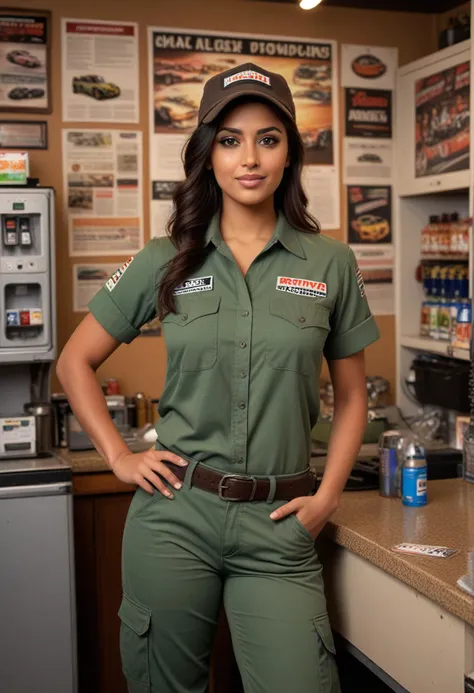 (medium full shot) of (dashing mechanic) young woman, indian, brown eyes, darker skin tone, ebony skin, green eyes, voluptuous build, medium dark hime cut hair, wearing a mechanic shirt,cargo pants,rugged boots, work cap, dirty with oil and grease, set in Pit Stop Lounge, comfortable space with couches, a fridge stocked with drinks, a table with snacks, a TV showing the race, posters of race cars on the walls, a bulletin board with team information, at sunset, woman surprised, open mouth, running toward the viewer, Masterpiece,best quality, photorealistic, amazing quality, very aesthetic, extremely detailed face,