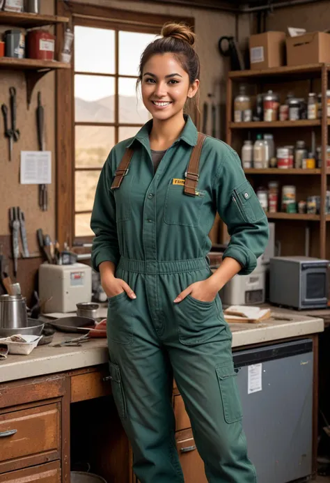 (medium full shot) of (strapping mechanic) young woman, mexican, brown eyes, medium skin tone, tan skin, brown eyes, curvy build, medium brown messy bun hair,  wearing a dark green coverall,rugged pants,rugged boots, holding a wrench, dirty with oil and grease, set in  Workshop Break Room, comfortable area with a couch, a table with chairs, a microwave, a refrigerator stocked with drinks, a bulletin board with job schedules, a window overlooking the workshop, at sunset, woman smiling at the viewer, Masterpiece,best quality, photorealistic, amazing quality, very aesthetic, extremely detailed face,