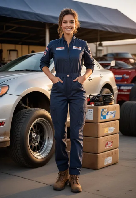 (medium full shot) of (handsome mechanic) young woman, spanish, dark brown eyes, tan skin, tan skin, dark Blue eyes, slender build, medium brown updo hair, wearing a black coverall,utility pants,safety shoes, holding a rag, dirty with oil and grease, set in Pit Stop, open area with a race car on a lift, tool chests on wheels, spare tires stacked nearby, fuel cans lined up, a computer for tracking lap times, a board with the race schedule, at sunset, woman laughing, arms crossed, Masterpiece,best quality, photorealistic, amazing quality, very aesthetic, extremely detailed face,
