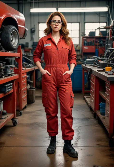 (medium full shot) of (dashing mechanic) young woman, mexican, brown eyes, medium skin tone, tan skin, light brown eyes, curvy build, long ginger shag cut hair, wearing a red coverall,cargo pants,black work shoes, goggles, dirty with oil and grease, set in Auto Workshop, large space with multiple workstations, diagnostic equipment, tool chests, a hydraulic car lift, oil stains on the floor, work benches with various automotive tools, at sunset, woman surprised, open mouth, running toward the viewer, Masterpiece,best quality, photorealistic, amazing quality, very aesthetic, extremely detailed face,