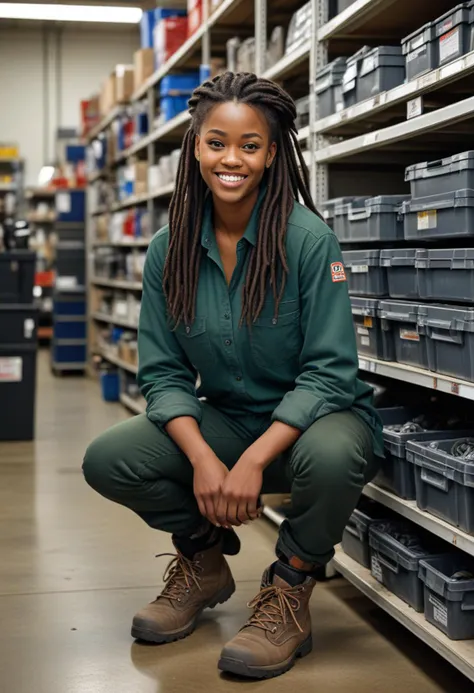 (medium full shot) of (rugged mechanic) young woman, african, dark skin, black eyes, curvy build, long dark dreadlocks hair, wearing a dark green flannel shirt,rugged pants,safety shoes, holding a rag, dirty with oil and grease, set in Dealership Parts Department, well-organized space with shelves of car parts, a counter for customer service, a computer for parts lookup, bins of smaller items, a display of car accessories, woman laughing, squatting, Masterpiece,best quality, photorealistic, amazing quality, very aesthetic, extremely detailed face,