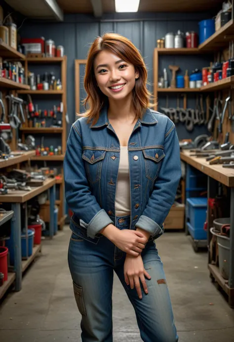(medium full shot) of (sturdy mechanic) young woman, philippine, brown eyes, tan skin, tan skin, hazel eyes, slender build, short ginger side-swept bangs hair, wearing a denim jacket,mechanic trousers,slip-resistant shoes, goggles, dirty with oil and grease, set in Garage Workshop, spacious area with tool benches, car lifts, and various automotive tools, concrete floors, parts shelves, work lights hanging from the ceiling, at night, woman laughing, arms crossed, Masterpiece,best quality, photorealistic, amazing quality, very aesthetic, extremely detailed face,