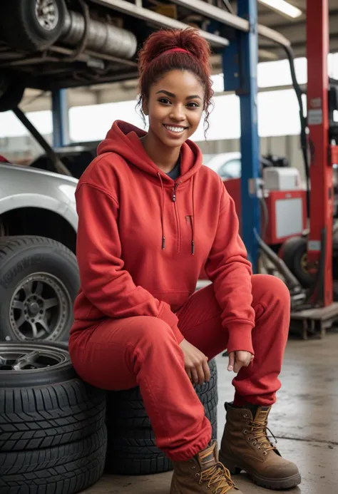 (medium full shot) of (charismatic mechanic) young woman, black american, dark eyes, dark skin, dark skin, light brown eyes, petite build, short red hair, wearing a red hoodie,utility pants,work boots, holding a wrench, dirty with oil and grease, set in Pit Stop, open area with a race car on a lift, tool chests on wheels, spare tires stacked nearby, fuel cans lined up, a computer for tracking lap times, a board with the race schedule, woman laughing, squatting, Masterpiece,best quality, photorealistic, amazing quality, very aesthetic, extremely detailed face,
