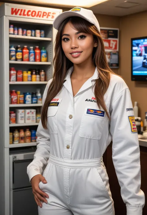 (medium full shot) of (handsome mechanic) young woman, philippine, brown eyes, tan skin, tan skin, light brown eyes, voluptuous build, extra long brown curtain bangs hair, wearing a white coverall,overalls,work boots, work cap, dirty with oil and grease, set in Pit Stop Lounge, comfortable space with couches, a fridge stocked with drinks, a table with snacks, a TV showing the race, posters of race cars on the walls, a bulletin board with team information, at night, woman surprised, open mouth, running toward the viewer, Masterpiece,best quality, photorealistic, amazing quality, very aesthetic, extremely detailed face,