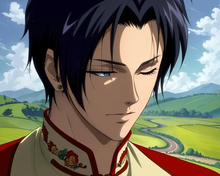 (Masterpiece, Best Quality:1.3), absurdres, (8k resolution), (Traditional Media:1.2), Manga, 2d, illustration, fantasy art, centered, male focus, portrait, (changpao:1.3), earring, from side, head down, closed eyes, closed mouth, hand on forehead, (detailed face, detailed eyes:1.2), sharp focus, (details:1.2), (depth of field), high quality, bokeh, dynamic, cinematic, gradients, (shadow), cloudy sky, anime screen, nature, France, (((la campagne)))