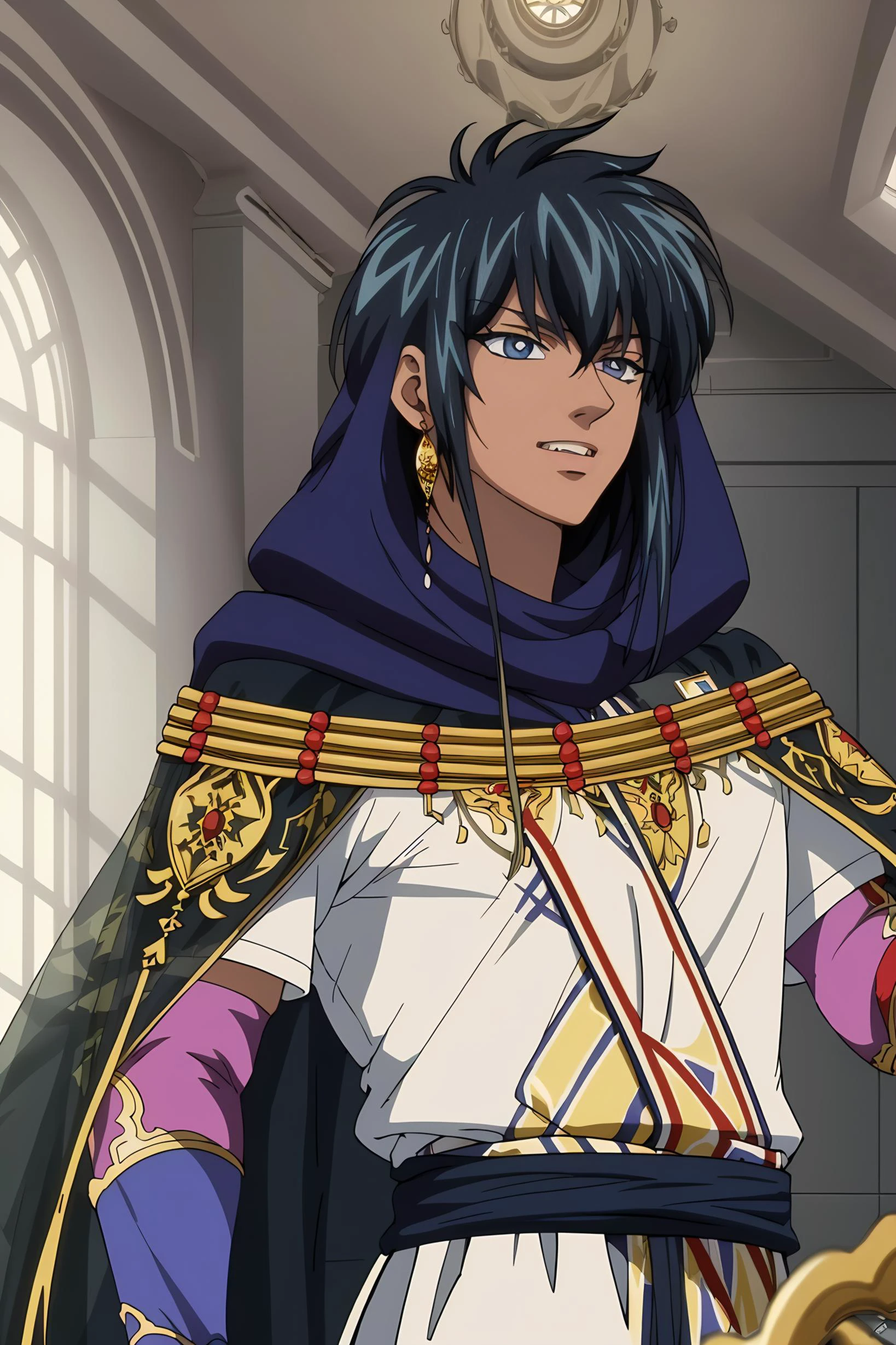 vivid, (Masterpiece, Best Quality:1.3), absurdres, (8k resolution wallpaper), (traditional media:1.2),1990s \(style\), (thick outline:1.3), ((lineart)), black outline, ((dynamic pose, dynamic angle:1.2)), fantasy, cinematic, <lora:Rumaty-01:0.8>, rumaty, male focus, ((ultra-detailed)), (upper body, cowboy shot), arm up, looking up, (solo), 1boy, (detailed face, detailed eyes:1.2), smile, beautiful, parted lips, teeth, shirt, hood, veil, ((roped circlet:1.4)), regal, jewelry, earring, ((bracer)), (roped circlet:1.1), (details:1.2), gold pillars, stained glass, window, hand on hip, (full body:1.1), villain, indoors, highly detailed, intricate, (depth of field), (volumetric lighting, soft lighting:1.2), (sharp focus), shadow, (floating particles), bloom:0.8, high quality, sky, cloud, colorful, window, (anime screen:1.1), film grain:0.4, fuji 85mm