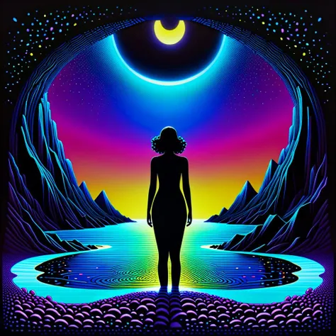 in the style of artgerm, comic style,3D model, mythical seascape, negative space, space quixotic dreams, temporal hallucination, psychedelic, mystical, intricate details, very bright neon colors, (vantablack background:1.5), pointillism, pareidolia, melting, symbolism, very high contrast, chiaroscuro