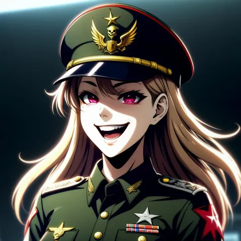an anime female general glitching out laughing, with a military cap, evil smile, sadistic, grim,