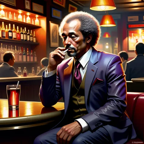 (impressionistic realism by csybgh), a 50 something male, working in banking, very short dyed dark curly balding hair, Afro-Asiatic ancestry, talks a lot but listens poorly, stuck in the past, wearing a suit, he has a certain charm, bronze skintone, sitting in a bar at night, he is smoking and feeling cool, drunk on plum wine, masterpiece, 8k, hyper detailed, smokey ambiance, perfect hands AND fingers