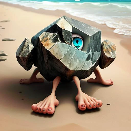 a r0ckh3lp3r, made of Cryolite (fractured:1.2), colored eyes, high detail, high quality <lora:rockhelperV4-000030:1> on the beach