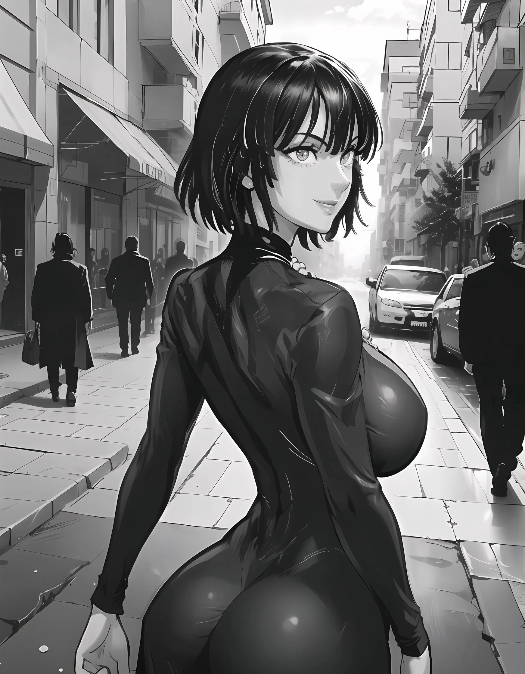 <lora:fubuki-10v2:0.8> iom, 1girl, solo, monochrome, greyscale, (large breasts:1.6), short hair, black hair, black dress,street,pearl necklace,big ass,tiny waist,fur coat,girl levitating,smirk,lifting rocks with power of mind,pelvis