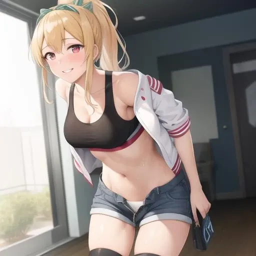 (masterpiece, best quality:1.2),illustration,absurdres,8k,hd,1girl,solo,cowboy shot,sv-98 (girls frontline),blonde hair,open fly,blush,bow,unzipped denim shorts,hair bow,black thighhighs,jacket,large breasts,long hair,looking at viewer,ponytail,red eyes,shorts,smile,sports bra,sweat,undressing,<lora:Sv-98(gf)>,