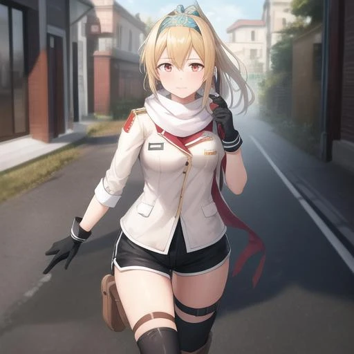 (masterpiece, best quality:1.2),illustration,absurdres,8k,hd,1girl,solo,cowboy shot,sv-98 (girls frontline),long hair,looking at viewer,fringe,white scarf,thigh strap,blonde hair,hair between eyes,brown footwear,red eyes,ponytail,short shorts,thighhighs,white jacket,asymmetrical legwear,black gloves,boots,uniform,hairband,<lora:Sv-98(gf)>,